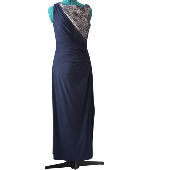 R&M Richards Navy Lace Bodice Draped Evening Gown | Women’s Size 10 - Picture 2 of 8